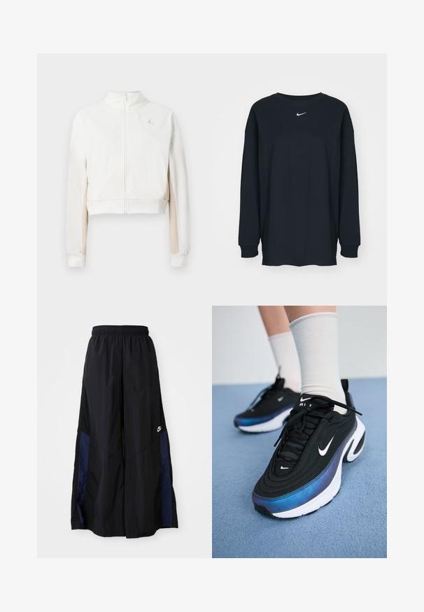 Cropped white jacket with a zip front, soft texture, featuring light beige accents on sleeves and a small gold logo on the chest.; Black long-sleeve T-shirt made of cotton with a crew neckline. Features a white Nike logo on the chest. Soft texture, simple design.; Black wide-leg pants made of lightweight fabric, featuring a navy blue side panel and an elastic waistband. Small white logo on bottom.; Black Nike sneakers with a smooth fabric upper, featuring a gradient blue-to-black design, white sole, and prominent logo accents.