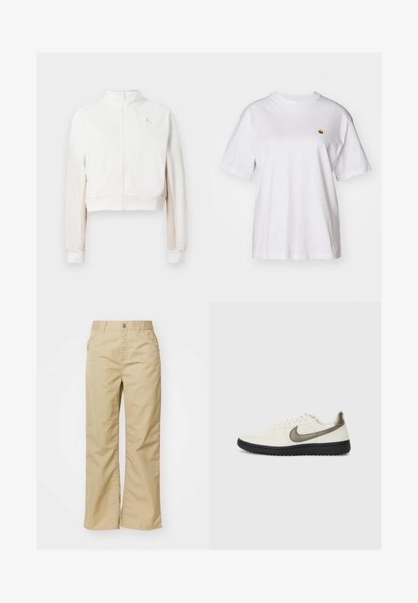 Lühendatud valge jakk, millel on tõmblukk ja pehme tekstuur, käistel on heledad beežid aktsendid ning rinna peal väike kuldne logo.; Valge puuvillane T-särk, millel on lõdva lõikega, lühikesed varrukad ja väike broderi logo vasakul rinnakarpi.; Beezist puuvillased laiad püksid siledast tekstuurist, esiküljel taskud ja hõbedane nupp vööl.; Nike Sportswear FIELD GENERAL - Tossud - off-white/black