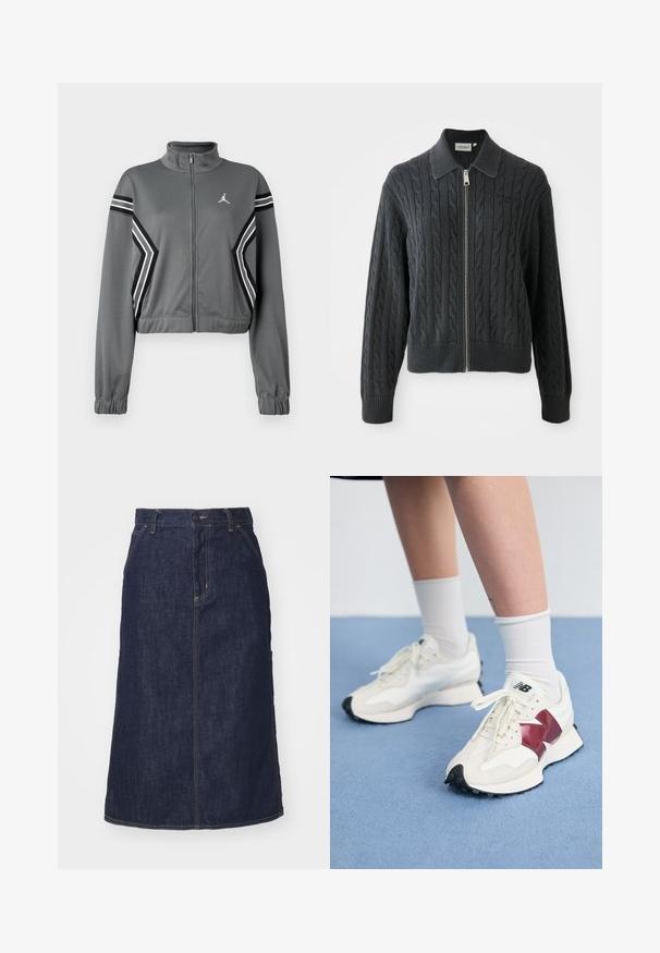 Šedá, zkrácená sportovní bunda z hladkého materiálu s vysokým límcem, předním zipem a černobílými pruhy na rukávech. Na hrudi se nachází logo.; Tmavě šedá svetr na zip s kardanovým vzorem, límcovým designem a žebrovanými manžetami a spodním lemem. Obsahuje stříbrný zip.; Bílý bavlněný tričko s volným střihem, krátkými rukávy a malým vyšívaným logem na levé části hrudi.; Tmavě modrá džínová sukně s vysokým pasem, rovného střihu, předními kapsami a prošitými švy. Disponuje zipem a knoflíkem na zapínání v pase.; Pár bílých tenisek s vínovými akcenty, texturovanými panely, plochou černou podrážkou a světlými tkaničkami, nošené s bílými kotníkovými ponožkami.