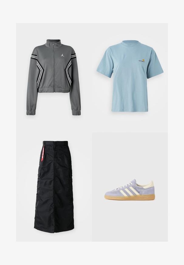 Pilkos spalvos, trumpas sportinis švarkas iš lygaus audinio, su aukštu apykakle, užtrauktuku priekyje ir juodai baltais dryžiais ant rankovių. Krūtinėje yra logotipas.; Mėlynos spalvos trumpomis rankovėmis medvilninis marškinėliai su apvaliu kaklu ir mažuoju geltonu bei raudonu Carhartt logotipu kairiajame krūtinės šone.; Juoda ilga sijonas su priekiniais sagčių ir užtrauktuku, šoniniais cargo kišenėmis ir raudonu audinio žymekliu "Pašalinti prieš skrydį" ant liemens.; Violet suede sportbačiai su trimis baltais dryžiais, guminėmis padais ir kreminės spalvos akcentais ant kulno ir liežuvėlio. Minimalistinis dizainas su logotipo detale.