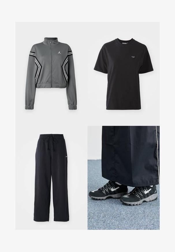 Grijze, korte trainingsjack van gladde stof met een hoge kraag, ritssluiting aan de voorkant en zwart-witte strepen op de mouwen. Heeft een logo op de borst.; Zwarte katoen t-shirt met een ronde hals, korte mouwen en een klein hartvormig logo linksboven. Soepele textuur, comfortabele pasvorm.; Zwarte trainingsbroek met een elastische tailleband en trekkoord, voorzien van een klein wit Nike-logo aan de linkerkant.; Zwarte atletische schoenen met een gestructureerde bovenkant, zilveren accenten en een gestippelde loopzool, gecombineerd met een zwart lang kledingstuk. Geplaatst op een blauwe vloerbedekking.