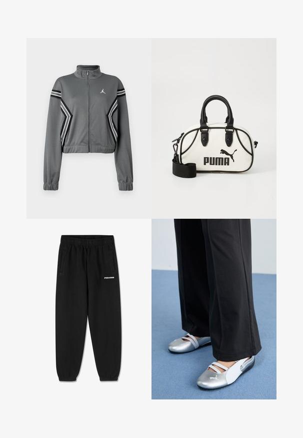 Grå, kortad träningsjacka i slät tyg med hög krage, dragkedja fram och svartvita ränder på ärmarna. Har logotyp på bröstet.; Grå bomullströja med korta ärmar, utrustad med en rundad hals och en liten vit "PEGADOR"-logotyp på framsidan. Slät textur, avslappnad passform.; Svarta sweatpants i mjukt tyg, med dragsko i midjan, tapered ben och sidofickor. "PEGADOR"-logga i vitt på framsidan.; Silver- och vita platta skor med korsade remmar och texturerad detalj, kompletterat med lösa svarta byxor. Ställt mot ett blått golv.; Vit handväska med svarta detaljer, prydd med en Puma-logotyp. Korta, rundade handtag och en avtagbar rem, tillverkad av strukturerat syntetmaterial.