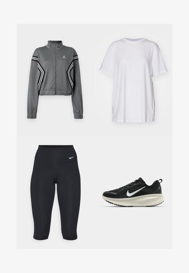 Harmaa, lyhyt track-takki sileässä kankaassa, jossa on korkea kaulus, vetoketjusuljenta ja mustavalkoiset raidat hihoissa. Rinnassa logo.; Valkoinen ylisuuri t-paita, joka on valmistettu puuvillasta. Paitassa on pyöreä kaula-aukko, lyhyet hihat ja sivuhalkiot, jotka tarjoavat rentoa istuvuutta. Silkkinen rakenne.; Nike mustat capri-collegaryad ovat varustettu korkealla vyötäröllä, sileällä joustavalla kankaalla ja hienovaraisella logo-yksityiskohdalla edessä.; Mustat Nike-juoksukengät, joissa on hengittävä verkko-osa, valkoinen swoosh-logo, teksturoitu yksityiskohtaus ja kermaisen värinen ZoomX-välipohja.