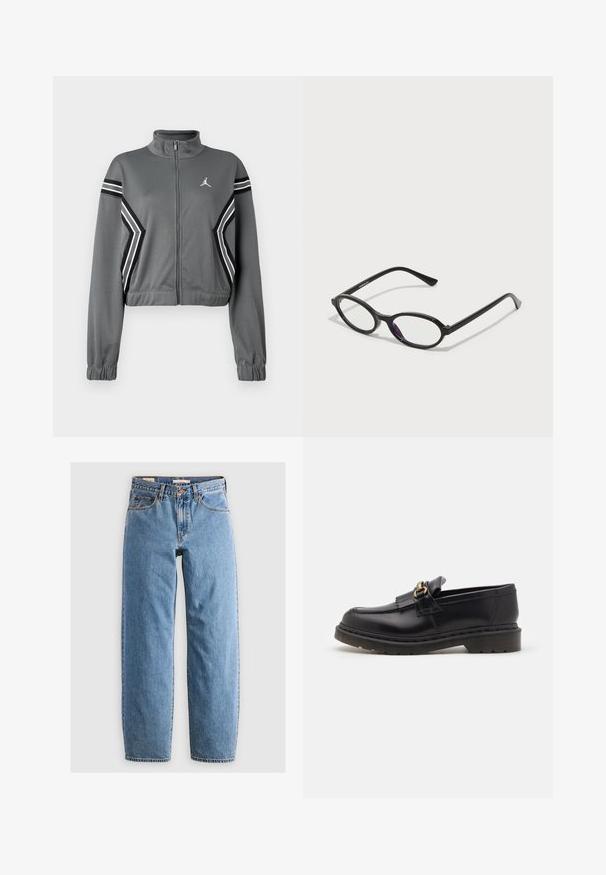Grau, taillierte Trainingsjacke aus glattem Material mit hohem Kragen, Reißverschluss vorne und schwarz-weißen Streifen an den Ärmeln. Mit Logo auf der Brust.; Langärmliges weißes Rippoberteil mit Rundhalsausschnitt und dezenten Nahtdetails, die die Taille betonen, vor einem schlichten weißen Hintergrund präsentiert.; Helleblaue Denim-Jeans mit geradem Bein, fünf Taschen, einem Reißverschluss und einer subtilen, verwitterten Textur. Klassisches Design mit minimalem Hardwareeinsatz.; Schwarze Lederloafers mit runder Zehenform, dekorativem Fransenbesatz und goldenen Hardware-Akzenten. Dicke Gummisohle für zusätzlichen Halt und Strapazierfähigkeit.; Schwarze Brille mit ovalem Rahmen und durchscheinenden lila Akzenten auf den Gläsern. Der Rahmen hat eine matte Oberfläche und schlanke, gerade Bügel.; Schwarze Leder-Shopper-Tasche mit strukturierter Oberfläche, goldfarbenen Beschlägen und zwei abgerundeten Griffen. Verfügt über einen sicheren Verschluss und ein dezentes Branding.