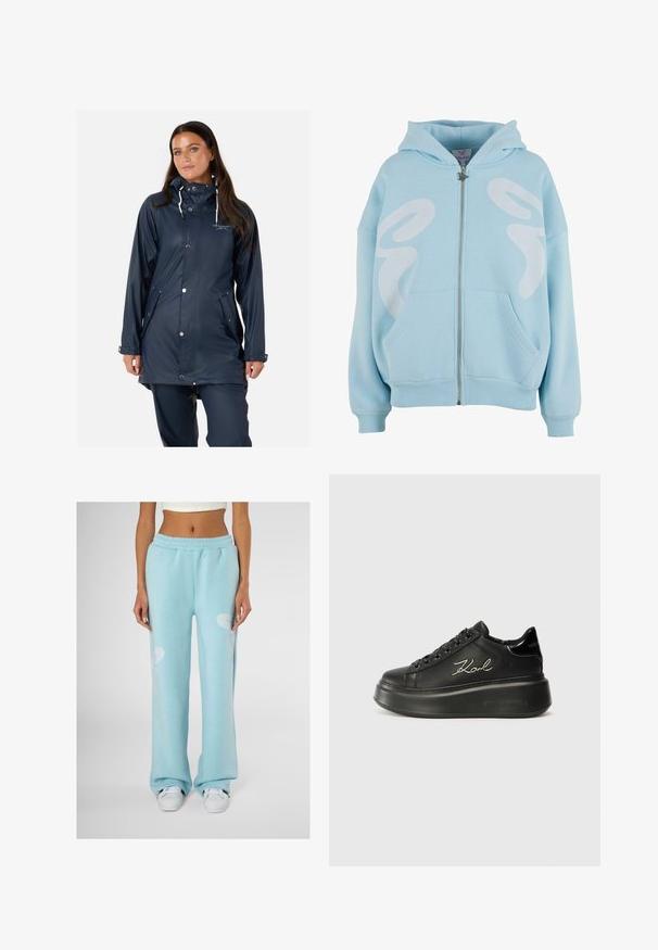 Swedemount VÄDERÖARNA - Regenjas - navy; Lichtblauwe rits hoodie gemaakt van zachte stof, met een groot wit grafisch ontwerp op de voorkant, kangoeroezakken en geribde manchetten.; Witte t-shirt met korte mouwen met zwarte tekst "I" en "MYSELF" en een roze vlinderontwerp van rhinestones. Aansluitend silhouet.; Lichtblauwe joggingbroek met een ontspannen pasvorm, voorzien van een witte abstracte print op elke dij en een elastische tailleband.; Zwarte platform sneakers met een soepel leren bovenwerk, platte veters en geborduurd "Karl" logo aan de zijkant. Ronde neus en dikke zool.