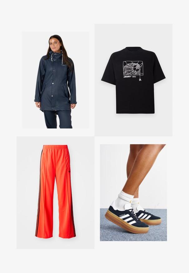 Swedemount VÄDERÖARNA granatowy; Czarna koszulka z krótkim rękawem wykonana z bawełny. Na przodzie znajduje się biały nadruk w kształcie pajęczyny oraz logo. Prosty, zaokrąglony dekolt.; Jasnopomarańczowe spodnie sportowe o szerokim kroju, z czarnymi paskami po bokach i elastycznym pasem. Zawierają kieszeń zapinaną na zamek.; Czarne zamszowe trampki z białymi paskami i akcentami, zaokrąglonym noskiem, gumową podeszwą w kolorze jasno-brązowym, zestawione z białymi żebrowanymi skarpetkami do kostki.