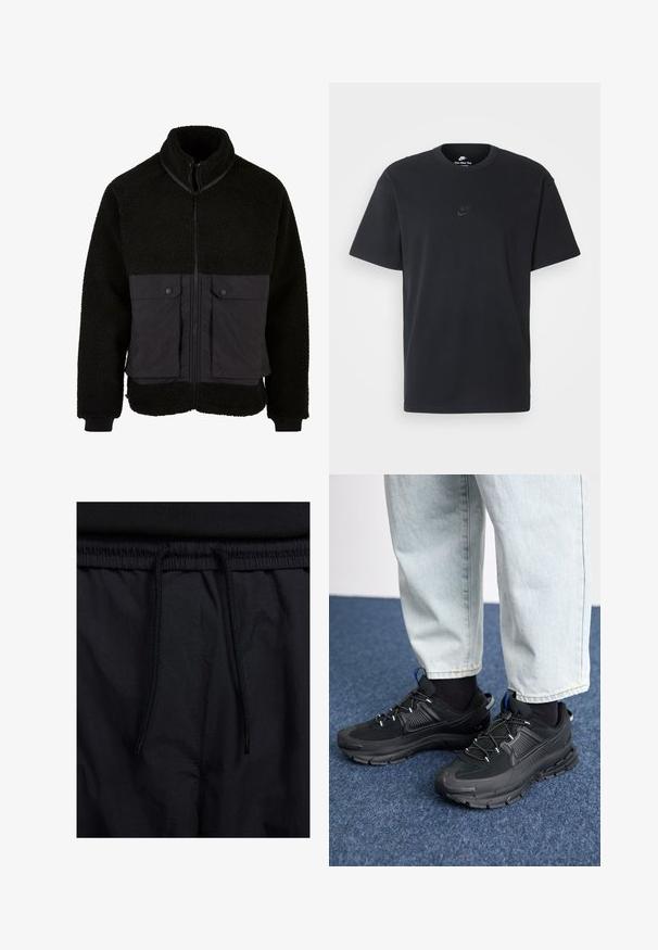 Black fleece jacket with a textured upper and smooth fabric lower. Features a high collar, front zip, and two snap-button chest pockets.; Nike black cotton t-shirt with a classic crew neck, short sleeves, and a subtle, embossed logo on the chest. Smooth texture.; Black shorts featuring a drawstring waistband, lightweight fabric with a smooth texture, and a simple design without visible logos or patterns.; Black athletic shoes with textured fabric and rubber soles, featuring elastic laces and a blue accent on the heel. Worn with light denim pants.