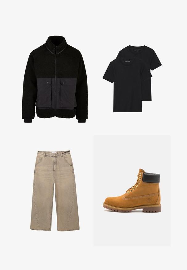 Musta fleece-takki, jossa on teksturoitu yläosa ja sileä alaosa. Ominaisuuksiin kuuluu korkea kaulus, edessä vetoketju sekä kaksi painonappitaskua rintakehässä.; Kaksi mustaa puuvillapaitaa lyhyillä hihoilla, pyöreällä kauluksella ja sileällä pinnalla, esillä päällekkäin.; PULL&BEAR MEGA BAGGY - Baggy-farkut - light grey; Valkoinen nahkainen nilkkuri mustalla pehmustetulla kauluksella, kultaisilla metallisilla rei'illä, valkoisella ompeluksella ja jykevällä kumipohjalla, jossa on selvästi näkyvät urat.