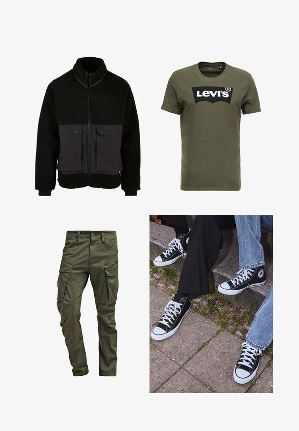 Črna flis jakna z teksturiranim zgornjim delom in gladkim spodnjim delom. Ima visok ovratnik, sprednji zadrgo in dve žepek na prsih s pritrdilnimi gumbi.; Olivno zelena bombažna majica s kratkimi rokavi, ki na sprednji strani nosi velik črn logotip Levi's. Klasičen kroj z okroglim izrezom in gladka tekstura.; Olivno zelene cargo hlače iz trdnega bombaža. Imajo več žepov, zip žep na strani in zožene noge z rahlo teksturirano površino.; Črne visoke platnene teniske z belimi gumijastimi podplati in vezalkami, z ovalnim logotipom na strani, v kombinaciji z džinsom in črnimi hlačami.