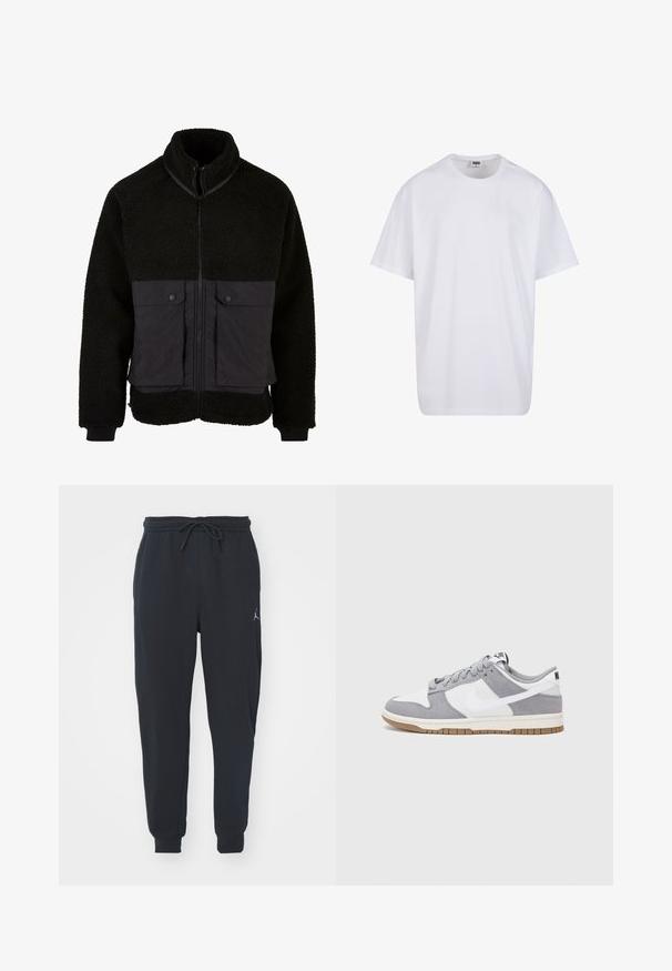 Musta fleece-takki, jossa on teksturoitu yläosa ja sileä alaosa. Ominaisuuksiin kuuluu korkea kaulus, edessä vetoketju sekä kaksi painonappitaskua rintakehässä.; Valkoinen puuvillainen t-paita, jossa on lyhyet hihat, pyöreä kaula-aukko, rento istuvuus ja ei näkyviä logoja tai kuvioita. Sileä pinta ja minimaalinen muotoilu.; Mustat juoksuhousut pehmeästä kankaasta, joissa on joustava vyötärönauha ja nauhakuja, ribbikuosiset hihansuut ja pieni logo vasemmassa reidessä.; Harmaa ja valkoinen lenkkari, jossa on mokka- ja nahkapinta, pyöreä kärki, litteät nauhat ja kumipohja, jossa on vaahtomuoviväri.
