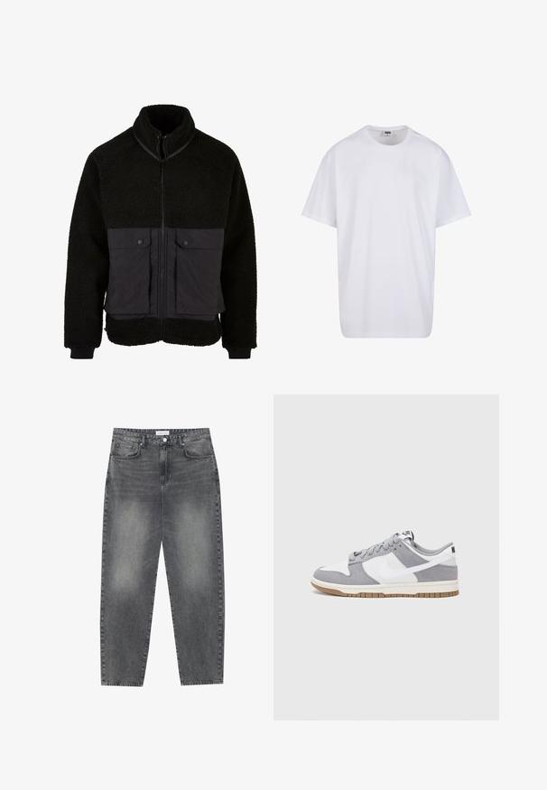 Fekete bolyhos dzseki, texturált felső résszel és sima anyagú alsó résszel. Magas gallérral, elöl cipzárral és két patentgombos mellzsebkendővel rendelkezik.; Fehér pamut póló rövid ujjal, kerek nyakú, laza szabású, és nincsenek látható logók vagy minták. Simább textúra és minimalista dizájn.; Magasan szabott, bővebb szabású farmernadrág fakó fekete denim anyagban. Öt zsebbel, övhurkokkal és tiszta, egyenes lábszár dizájnnal rendelkezik.; Szürke és fehér sportcipő, velúr és bőr felsőrésszel, kerek orral, lapos fűzőkkel és gumitalppal, amelyen rágógumi színű díszítés található.