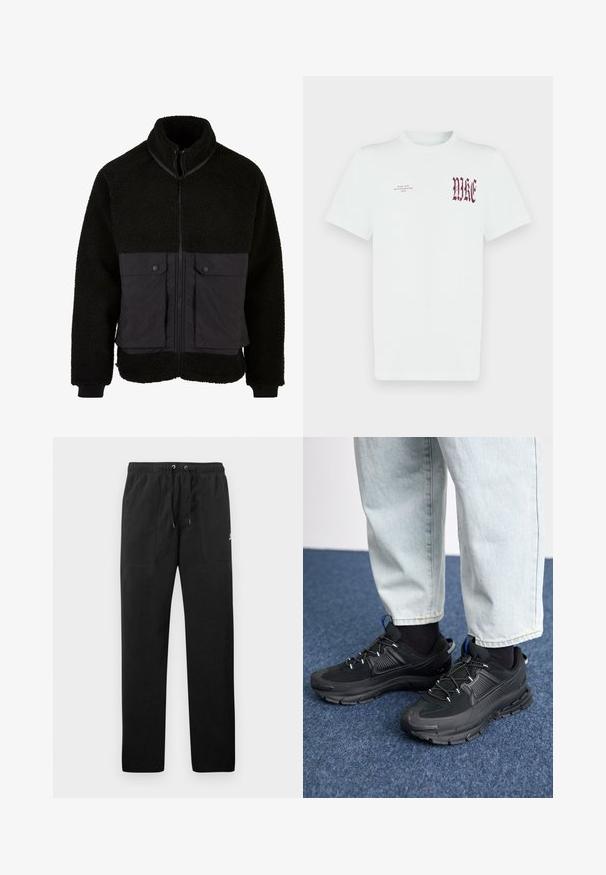 Juodas vilnonis jakas su tekstūruotu viršumi ir lygiavais apatine dalimi. Yra aukštas apykaklė, priekinis užtrauktukas ir dvi kišenės su spaudėmis krūtinėje.; Balta medvilninė marškinėlė su raudonu "NIKE" grafiniu piešiniu ir tekstu kairėje krūtinės pusėje. Trumpomis rankovėmis ir apvaliame iškirpte, lygi tekstūra.; Juodos vilnonės kelnės su elastiniu juosmeniu ir raišteliais, dviem priekinėmis kišenėmis ir maža slogo ant šlaunies.; Juodi sportiniai bateliai su tekstūruota medžiaga ir guminiais padais, su elastingomis raišteliais ir mėlynu akcentu ant kulno. Dėvimi su šviesiai mėlynomis džinsinėmis kelnėmis.