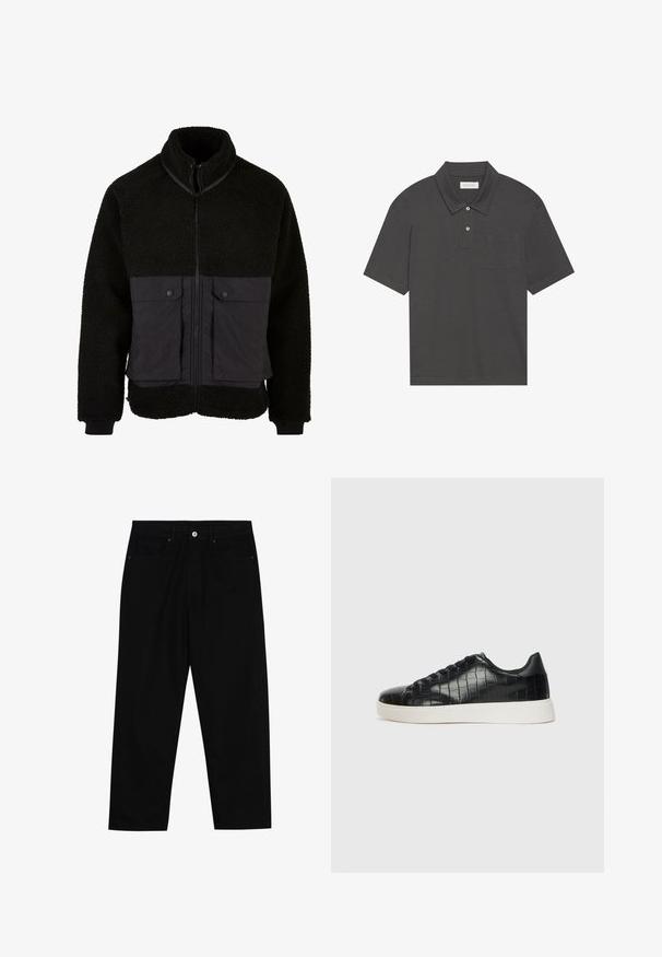 Mustra villane jakk, millel on tekstureeritud ülaserv ja sile kangas all. Omab kõrget krae, ees süütevõtme ning kahte nööbiga rinna-taskut.; Tumehall polo särk traditsioonilise kraega, kolme nööbiga kinnitus, lühikesed varrukad ja vasakul rinnal tasku. Sile kangastekstuuri.; Mustadest denimist püksid, millel on sirge jalg, viie tasku disain ja eesnupuga sulgur. Sile tekstuur koos minimaalsete õmblustega.; Mustad mustad mustad kroko-reljeefiga nahast ülemine osa, ümar varvas ja kontrastne valge kummitald, millel on sile viimistlus.