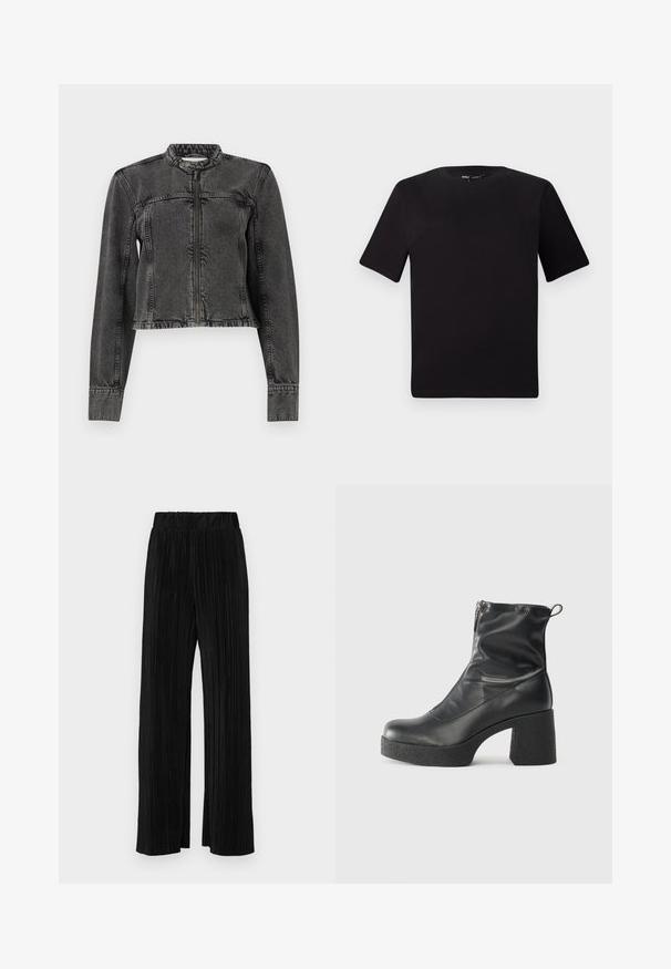 Black denim jacket with a cropped design, zip front, collarless neck, and frayed hem. Features stitched accents on shoulders and sleeves.; Black short-sleeve t-shirt with a round neckline, crafted from soft cotton fabric. Simple design, no visible logos or patterns.; Black pleated trousers with an elastic waistband. Features wide legs and a smooth, textured fabric with vertical stripes.; Black ankle boots made of smooth leather, featuring a side zipper, chunky textured heel, and rounded toe design.
