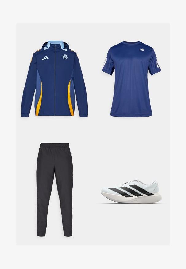 Navy plavi zip-up jakna s kapuljačom, s žutim i svijetloplavim akcentima, izvezenim logom i elastičnim manžetama za prilagodljivost.; Temno plava kratka majica s kratkim rukavima za sport, izrađena od glatkog materijala, sa okruglim izrezom i bijelim logotipom na gornjem lijevom dijelu grudi.; Crne atletske hlače s elastičnim strukom, sužavajućim nogavicama i bijelim bočnim naglascima. Izrađene od sintetičkog materijala s glatkom teksturom.; Lagane tenisice za trčanje u svijetloplavoj boji s crnim trakama. Imaju glatku gornju površinu, okrugli vrh i debeli bijeli srednji sloj označen "LIGHTSTRIKE PRO."