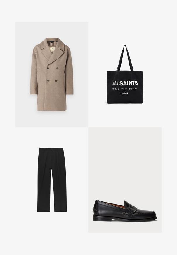 Cappotto in lana marrone doppiopetto con ampio colletto, due tasche frontali e cinque bottoni scuri, con una fodera parziale a quadri.; Set di otto t-shirt nere in cotone con maniche corte e collo a giro, caratterizzate da un design semplice e una texture morbida.; Pantaloni neri con un design a gamba dritta, realizzati in un tessuto liscio. Presentano pieghe frontali e una chiusura a un bottone in vita.; Mocassino in pelle nera con punta arrotondata, dettagli cuciti e una fascia decorativa sul davanti. Suola piatta con profilo minimal.; Borsa a tracolla nera in tela con grande testo bianco "ALLSAINTS" e testo più piccolo in giapponese con "LONDRA" in basso. Due manici lunghi.