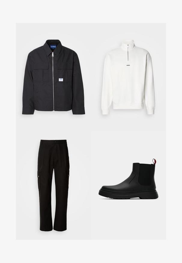 Black jacket with a zip front, pointed collar, and two chest pockets. Features a patch logo and textured fabric. Tailored fit with long sleeves.; White pullover sweatshirt with a high collar and half-zip, featuring a small black "HUGO" logo centered on the chest. Soft fabric texture.; Black cargo pants made of cotton with a relaxed fit, featuring side pockets, a button closure, and straight legs. Simple design without patterns.; Black ankle boot with a smooth finish, elastic side panels, and a contrasting red pull tab, featuring a thick rubber sole and rounded toe.