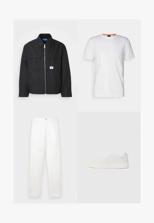 Svart jakke med glidelås foran, spiss krage og to brystlommer. Har et merkelogo og teksturert stoff. Skreddersydd passform med lange ermer.; Hvit t-skjorte av bomull med rund hals, korte ermer og en subtil preget logo på brystet. Innvendig etikett har en oransje aksent.; Hvite bukser laget av glatt stoff, med rett ben-design, frontfolder og en enkelt knappelukking i livet.; Hvit sneakers med glatt syntetisk overdel, rund tå og flat hvit såle. Har ton-i-ton søm og minimal merkevare på siden.