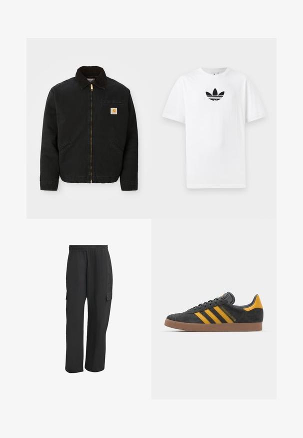 Black zip-up jacket with brown corduroy collar, two side pockets, and a small square Carhartt logo patch on the left chest.; White cotton T-shirt featuring a black Adidas logo at the center. Short sleeves and a crew neck design. Smooth texture.; Black cargo pants with an elastic waistband, featuring side pockets, loose fit, and a textured fabric. Designed for comfort and utility.; Black suede sneaker with yellow accents, featuring three stripes and a brown rubber sole. Includes a padded tongue for comfort.