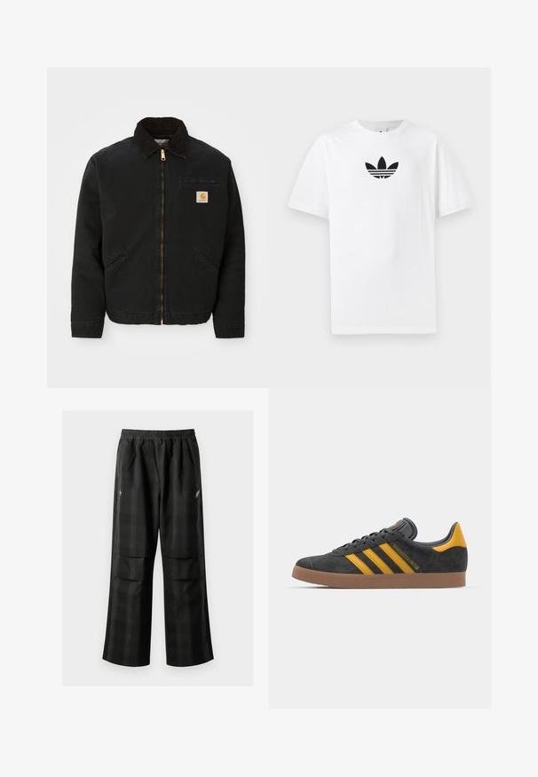 Casaco preto com fecho zip, colarinho de cabedal castanho, dois bolsos laterais e um pequeno patch quadrado com o logótipo da Carhartt no lado esquerdo do peito.; T-shirt de algodão branco com um logo preto da Adidas no centro. Mangas curtas e um design de gola redonda. Textura suave.; Calças pretas em padrão xadrez com cintura elástica, dois bolsos frontais e um ajuste solto com design de perna reta. Feitas de material leve.; Tenis em camurça preta com detalhes amarelos, apresentando três riscas e uma sola de borracha castanha. Inclui uma língua acolchoada para maior conforto.