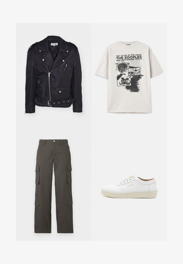 MM6 Maison Margiela Lengva striukė - black; Šviesiai kreminės spalvos trumpomis rankovėmis marškinėliai su dideliu juodu grafikų spausdinimu, kuriame yra tekstas ir vaizdai, apvaliu kaklu ir laisvu siluetu. Su šiurkščiu apdaila.; Tamsiai pilki tiesaus kirpimo cargo džinsai su mygtuko uždarymu ir keturiomis kišenėmis su dangteliu, dvi ant šlaunų ir dvi šalia blauzdų.; Balti odiniai sportbačiai su tekstūriniu paviršiumi, apvaliu kojų pirštu, smėlio spalvos guma ir šešiomis pilkomis raištelių akytėmis, su subtiliu ženklinimu šone.