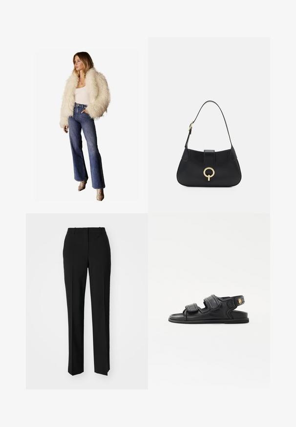 Friends Like These Talvejope - cream; Valge lühikeste laiadte varrukatega lühike T-särk, pehme puuvillane materjal, ümar kaelus kergelt oranži ääristusega, minimaalne disain, ilma mustrite ja graafikateta.; Mustad ja sirged püksid, millel on sile tekstuur ja teravad voldid esiosas. Ilma nähtavate detailideta.; sandro Sandaalid - noir; Must musta nahkrahakott, millel on kaarjas siluett, lühike rihm, keskmise kullatooni metalldetail ja sile tekstuur. Pole nähtavaid mustreid ega lisandeid.