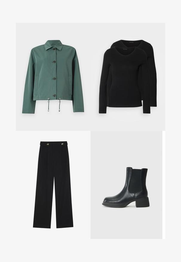 Zelená, ľahká bunda s gombíkovým zapínaním, golierom, dvoma bočnými vreckami a nastaviteľnými šnúrkami na leme. Hladká textúra.; Dvoje čiernych košieľ s dlhým rukávom a výstrihom do V, vyrobených z mäkkej a elastickej látky, s jemnou textúrou a priliehavým strihom.; Čierne široké nohavice s vysokým pásom, so zapínaním na gombíky na páse a prednými sklady.; Čierne kožené členkové čižmy s elastickými bočnými panelmi, zaoblenou špičkou a nízkym blokovým podpätkom. Povrch má hladkú textúru a minimálne detaily.
