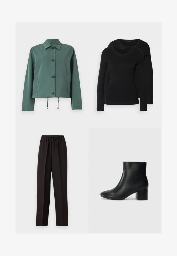 Grønn, lett jakke med knappestengning, krage, to sidelommer og justerbare snorer i kanten. Glatt tekstur.; To svarte langermede skjorter med V-halsdesign, laget av mykt, elastisk stoff, viser jevn tekstur og en tettsittende fasong.; Svarte, vide bukser med elastisk midje og justerbar snor. Laget av et glatt, lett stoff uten synlige mønstre.; Sorte skinn ankelsko med spiss tå og chunky hæl. Glatt tekstur med minimale detaljer og et elegant, tettsittende design.