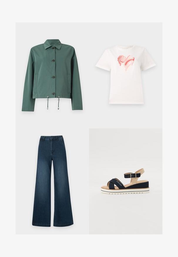 Jachetă verde, ușoară, cu închidere cu nasturi, guler, două buzunare laterale și șnururi ajustabile la tiv. Textura netedă.; Tricou alb din bumbac cu un grafic în formă de inimă în nuanțe de roz și coral, cu modele abstracte spirale în centru. Mâneci scurte, gât rotund.; Jeans din denim de culoare albastră închisă, cu talie înaltă și picioare largi, cu buzunare frontale și bucle pentru curea, pe un fundal alb.; Sandală bleumarină cu două curele din material textil, curea ajustabilă pentru gleznă și spate texturat bej. Talpă groasă, albă, cu margine zimțată. Marcă imprimată pe curea.