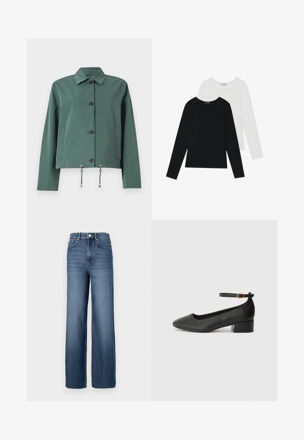 Roheline, kerge jakk nööpidega esiosas, kraega, kahe küljekotiga ja alläärte reguleeritavate nööridega. Lihtne tekstuur.; Kaks pikka varrukatoppi, üks must ja teine valge, mõlemad ruudukujulise kaelusega ja valmistatud pehmest, venivast kangast.; Sinine teksariie kõrge vöökohaga ja laia sääre lõikega. Omab klassikalist viie tasku disaini ja metallnuppude detaile.; Must mustaapp, millel on terav nina ja madal blokk-kand. Omab pahkluu rihma koos kuldse tooni pandlaga. Sile tekstuur.