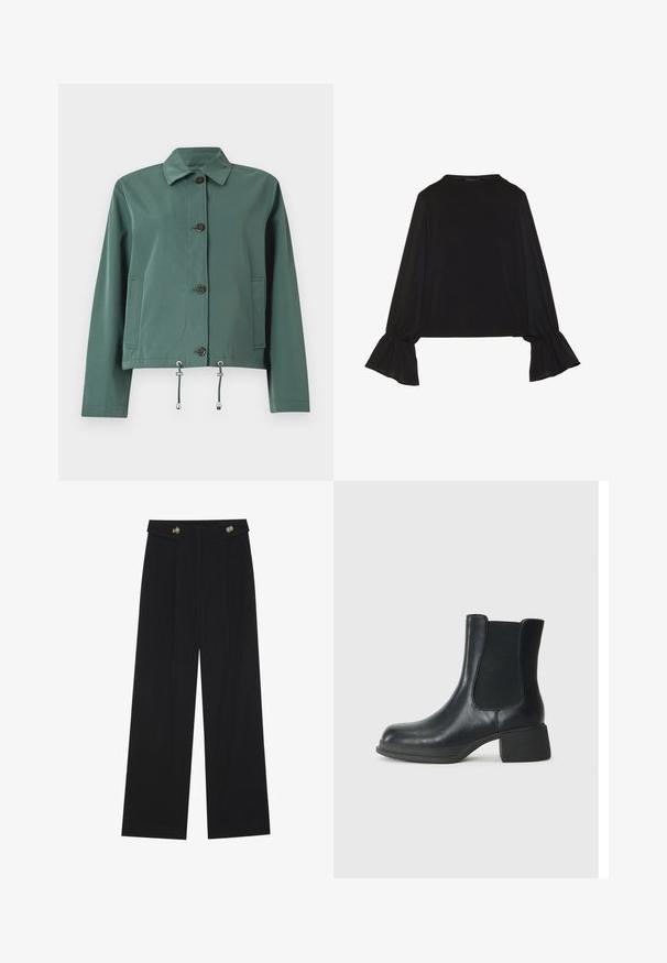Zelená, lehká bunda s knoflíkovým zapínáním, límečkem, dvěma bočními kapsami a nastavitelnými šňůrkami v pase. Hladká textura.; Černý top s dlouhými rukávy, který má rozšířené manžety, jemnou texturu a volný střih, s jednoduchým kulatým výstřihem.; Černé široké kalhoty s vysokým pasem, detailní knoflíky na pase a přední záhyby.; Černá kožená kotníková bota s elastickými bočními panely, zaoblenou špičkou a nízkým blokovým podpatkem. Povrch má hladkou texturu a minimální detaily.