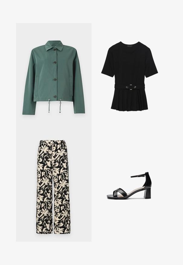Zelena, lahka jakna s gumbom spredaj, ovratnikom, dvema stranskima žepoma in nastavljivimi vezalkami na robu. Gladka tekstura.; Črn kratek rokav srajca iz gladkega materiala, z obliko pepluma in pasom s pasom ter dvema okroglega srebrno-toniranima gumboma.; Črne široke hlače z kremnim cvetličnim vzorcem. Narejene so iz lahkega blaga, ki ima gladko teksturo in visok pas.; Črne odprte sandale s peto, ki imajo križane naramnice, nastavljivo zapestnico in debelo peto, z gladko usnjeno teksturo.