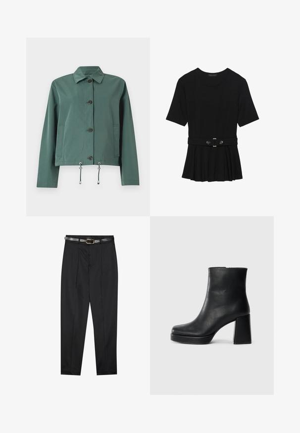 Zelená, ľahká bunda s gombíkovým zapínaním, golierom, dvoma bočnými vreckami a nastaviteľnými šnúrkami na leme. Hladká textúra.; Čierny krátky rukáv top vyrobený z hladkého materiálu, so strihom peplum a opaskom v páse so syntetickými guľatými striebornými gombíkmi.; Čierne nohavice s hladkým materiálom, s priliehavým pásom a textúrovaným šedým opaskom so zlatou sponou. Mierne zúžené nohavice.; Čierne kožené členkové topánky s blokovým podpätkom a platformovou podrážkou, zobrazené z boku na bielom pozadí.