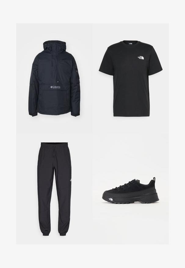 Chaqueta de sudadera negra con capucha, bolsillo canguro en la parte frontal, cordones ajustables y detalle de logo en la parte inferior delantera. Tela duradera y resistente al agua.; Camiseta de algodón negro con mangas cortas, cuello redondo y un pequeño logo blanco en el lado izquierdo del pecho. Diseño simple, textura suave y ajuste relajado.; Pantalones deportivos negros hechos de un tejido ligero, con una cinturilla ajustable, bolsillos laterales y puños ajustados en los tobillos.; Zapatilla negra de exterior con parte superior de ante, suela de goma texturizada y un sólido sistema de cordones. Cuenta con un talón reforzado y el logotipo de la marca en el lateral.