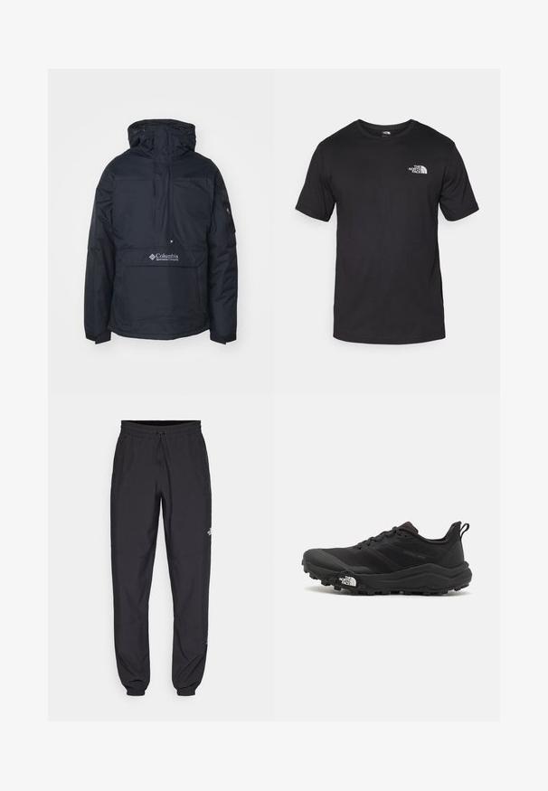 Black, hooded pullover jacket with a front pouch pocket, adjustable drawstrings, and logo detail on the lower front. Durable, water-resistant fabric.; Black short-sleeve t-shirt made of cotton, featuring a round neckline and a small white logo on the upper left chest area.; Black athletic pants made from lightweight fabric, featuring a drawstring waistband, side pockets, and tapered cuffs at the ankles.; Black trail running shoe with a textured upper, rubber sole, and reinforced toe cap. Features a padded collar and pull tab for easy wear.