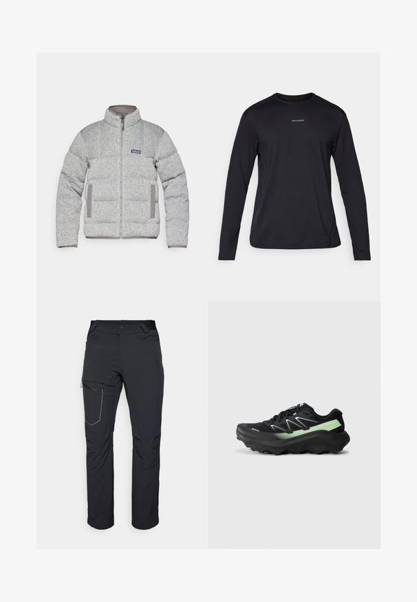 Jachetă puf gri cu design quilted, guler înalt, fermoar frontal și accente gri pe buzunare. Fabricată dintr-un material texturat.; Tricou negru cu mânecă lungă, cu guler rotund, realizat dintr-un material neted. Prezintă cusături subtile și un mic logo pe piept.; Pantaloni negri de exterior cu buzunar pe coapsă cu fermoar, talie elastică și material neted, rezistent la apă. Design curat, fără logouri vizibile.; Pantof de alergare Salomon negru și verde, cu talpă groasă și profil agresiv, prezentat în profil stâng pe fundal alb.