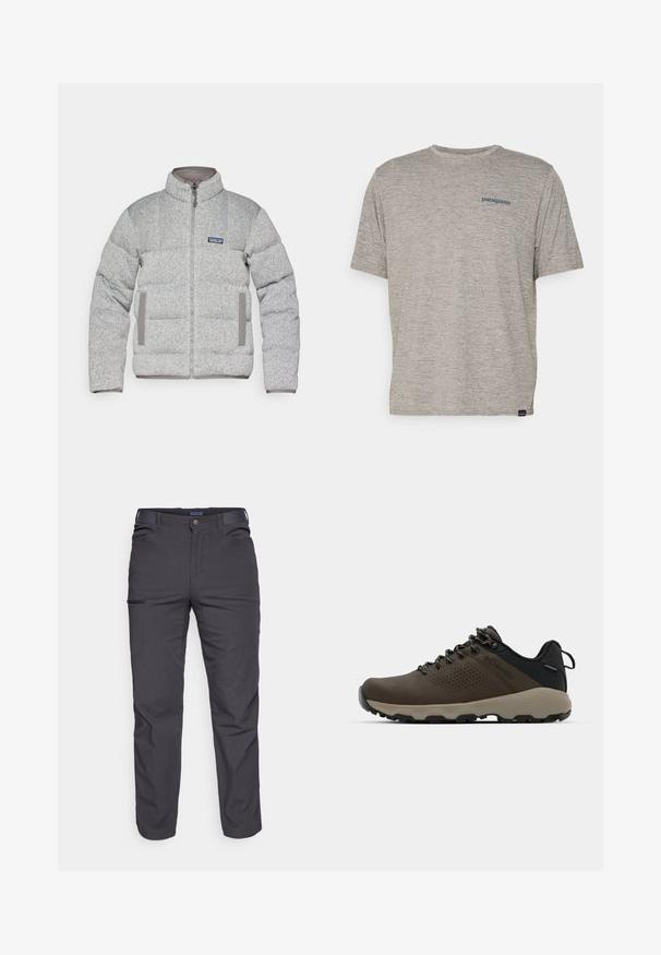 Gaišs pūkains mētelis ar izstrādātu dūrienu, augstu apkakli, priekšējo rāvējslēdzēju un pelēkiem akcentiem kabatās. Izgatavots no strukturēta auduma.; Pelēka īsām piedurknēm kreks, kas izgatavots no mīkstas teksturētas auduma, ar mazu zilu Patagonia logotipu kreisajā krūtī. Bez papildu rakstiem.; Tumši pelēki bikses, kas izgatavotas no izturīgas auduma, ar rāvējslēdzēja kabatu, taisnu piegriezumu un jostu cilpām, lai pielāgotu fit.; Brūni ūdensnecaurlaidīgi sporta apavi ar teksturētu virsu, perforētiem akcentiem, melnu papēža atbalstu un pelēku gumijas zoli. Šņores veidotas ar metāliskiem galiem.