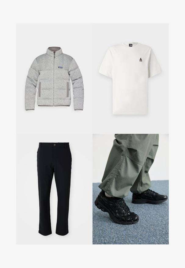Siva puffer jakna s kvadratnim dizajnom, visokim ovratnikom, prednjim patentnim zatvaračem i sivim detaljima na džepovima. Izrađena je od strukturirane tkanine.; Bijela pamučna majica s malim, izvezenim grafičkim prikazom boce na lijevoj strani prsnog koša. Klasičan okrugli izrez i kratki rukavi.; Crne hlače s kopčanjem, ravnog kroja, glatke teksture i bočnim džepovima, prikladne za različite prilike.; Crni atletski tenisice s sjajnim i mrežastim teksturama, s debelim đonom i vezicama, u kombinaciji s opuštenim cargo hlačama u maslinastoj boji.