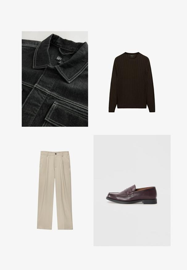 Schwarze Jeansjacke mit kontrastierenden weißen Nähten, einem kragenförmigen Ausschnitt und Brusttaschen, die eine strukturierte Stoffoberfläche aufweist.; Brauner gerippter Pullover mit langen Ärmeln und rundem Ausschnitt. Verfügt über einen strukturierten Stoff und eine figurbetonte Passform an der Taille und den Bündchen.; Beige Hosen mit geradem Schnitt, ausgestattet mit einem einzelnen schwarzen Knopf, Gürtelschlaufen und Seitentaschen. Glatte Stofftextur und minimalistisches Design.; Burgunderfarbene Lederloafers mit abgerundetem Zehenbereich, dezenten Nähten und einer niedrigen schwarzen Sohle. Klassisches Design mit minimalem Schmuck.