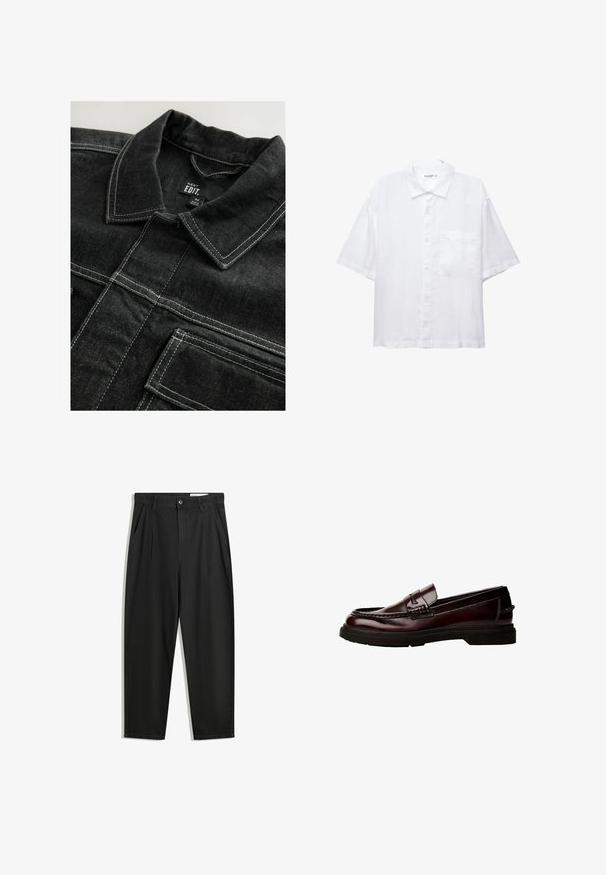 Giacca di jeans nera con cuciture bianche a contrasto, colletto e tasche sul petto, con un aspetto di tessuto testurizzato.; Camicia bianca a maniche corte con chiusura a bottoni, colletto e una singola tasca sul petto. Realizzata in tessuto leggero con una texture liscia.; Pantaloni in cotone neri con una vestibilità rilassata, dotati di una vita classica, pieghe frontali e tasche laterali. Tessuto liscio senza fantasie.; Mocassini in pelle marrone con punta arrotondata, cuciture dettagliate e suola in gomma. Presentano una fascia decorativa e una texture liscia.