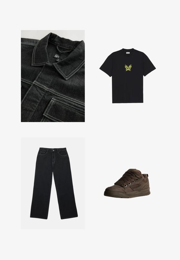 Czarna kurtka dżinsowa z kontrastowym białym przeszyciem, kołnierzykiem i kieszeniami na piersi, o teksturowanym wyglądzie materiału.; Czarna bawełniana koszulka z małym graficznym motywem żółtego motyla w kształcie płomienia na piersi. Okrągły dekolt, krótkie rękawy.; Czarnie dżinsowe spodnie o szerokich nogawkach mają wysoki stan, kieszenie z przodu oraz kontrastowe przeszycia. Materiał ma gładkie, lekko teksturowane wykończenie.; Brązowe buty sportowe wykonane z gładkiego materiału syntetycznego. Oferują grube sznurówki, siateczkowe akcenty, wyściełany kołnierz oraz teksturowaną gumową podeszwę.