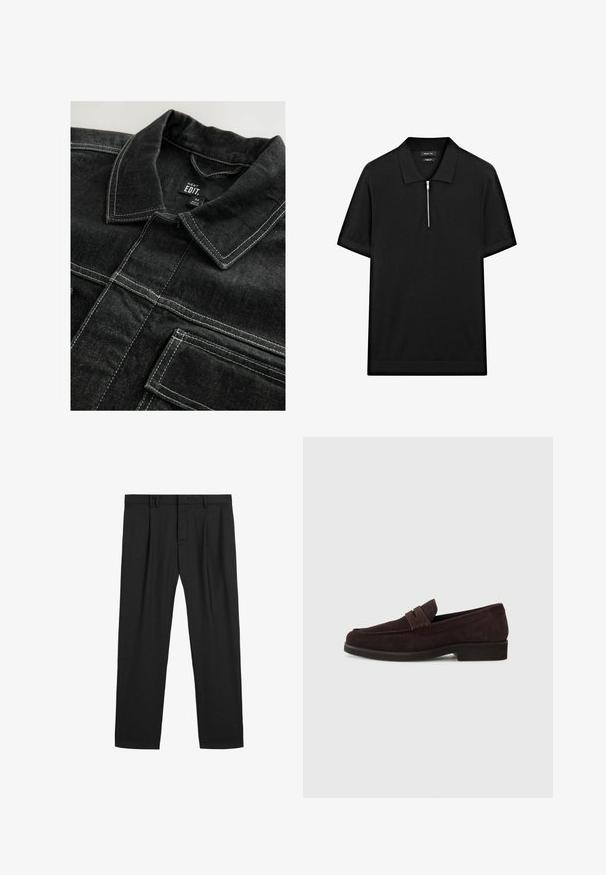 Black denim jacket featuring contrast white stitching, a collared neckline, and chest pockets, with a textured fabric appearance.; Black short-sleeve polo shirt with a stand collar and a front zipper. Made of a smooth fabric with a clean, minimalist design.; Black pleated trousers made from a smooth fabric, featuring a traditional waistband and straight-leg design. No visible patterns or hardware.; Brown suede loafers with a low profile and rounded toe. Features a decorative strap across the upper, flat rubber sole, and no visible stitching.