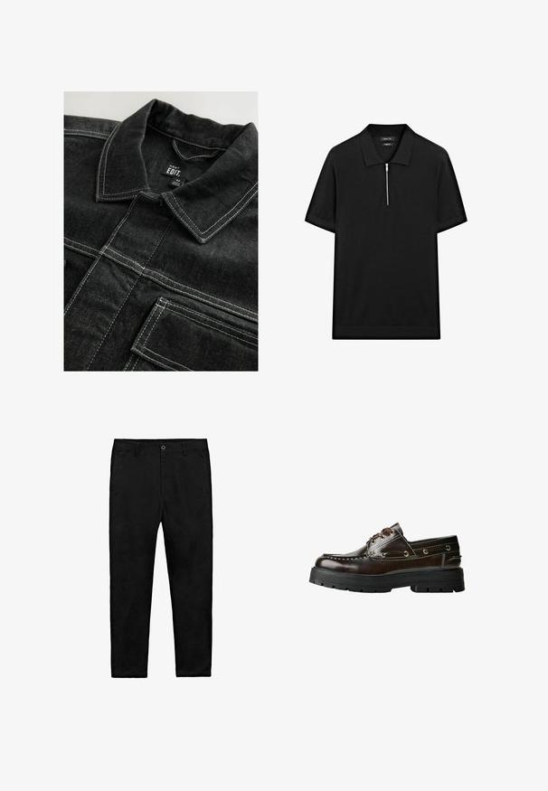 Schwarze Jeansjacke mit kontrastierenden weißen Nähten, einem kragenförmigen Ausschnitt und Brusttaschen, die eine strukturierte Stoffoberfläche aufweist.; Schwarzes kurzärmliges Poloshirt mit Stehkragen und einem Reißverschluss vorne. Hergestellt aus einem glatten Stoff mit einem klaren, minimalistischen Design.; Schwarze gerade Hosen mit Knopfverschluss, Gürtelschlaufen und seitlichen Taschen, flach auf einem weißen Hintergrund ausgelegt.; Braune Lederbootsschuhe mit Gummisohle, die mit Nahtdetails, Metallösen und einer Schnürung ausgestattet sind. Robuste, leichtgewichtige Konstruktion.