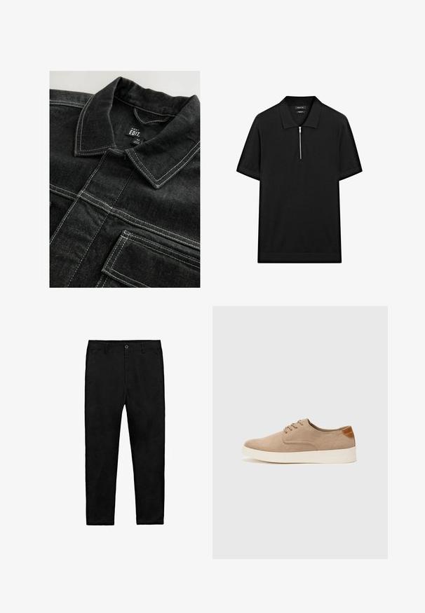 Giacca di jeans nera con cuciture bianche a contrasto, colletto e tasche sul petto, con un aspetto di tessuto testurizzato.; Polo shirt nero a maniche corte con colletto rialzato e zip frontale. Realizzato in un tessuto liscio con un design pulito e minimalista.; Pantaloni neri a gamba dritta con chiusura a bottone, passanti per cintura e tasche laterali, stesi su uno sfondo bianco.; Sneaker in suede beige con punta arrotondata, stringhe davanti e un accento testurizzato sul retro. La suola in gomma bianca offre un contrasto. Design semplice e moderno.