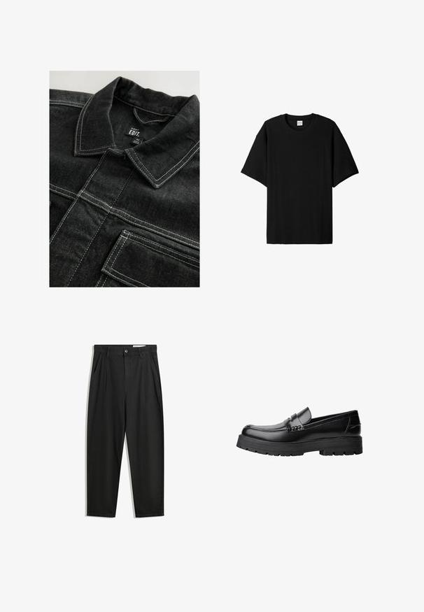 Schwarze Jeansjacke mit kontrastierenden weißen Nähten, einem kragenförmigen Ausschnitt und Brusttaschen, die eine strukturierte Stoffoberfläche aufweist.; Schwarzes, geripptes T-Shirt mit kurzen Ärmeln und Rundhalsausschnitt, das einen lockeren Schnitt und eine strukturierte Oberfläche bietet. Einfaches Design; keine Grafiken oder Akzente.; Schwarze Baumwollhose mit lockerem Schnitt, ausgestattet mit einem klassischen Bund, vorderen Falten und Seiten taschen. Glatte Textur ohne Muster.; Schwarzer Lederloafer mit grobem, rutschfestem Sohlenprofil und dekorativem Riemen über der Oberseite, seitlich links auf weißem Hintergrund abgebildet.