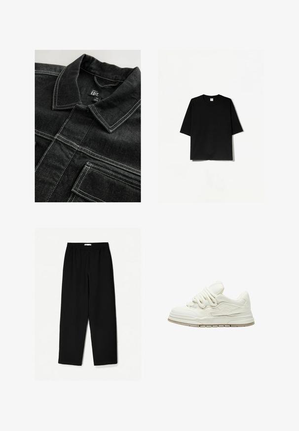 Svart denimjacka med kontrasterande vit sömnad, krage och bröstfickor, med en strukturerad tyglook.; Svart kortärmad t-shirt med rund halsringning, tillverkad av mjukt tyg, med en ledig, boxig passform och minimalistisk design.; Svarta, vida byxor i lätt tyg. Har en elastisk midja och en mjuk textur. Inga synliga mönster eller detaljer.; Vit sneakers med en texturerad yta och framträdande snörning. Har en tjock, lager-på-lager sula och subtila design detaljer på sidorna.