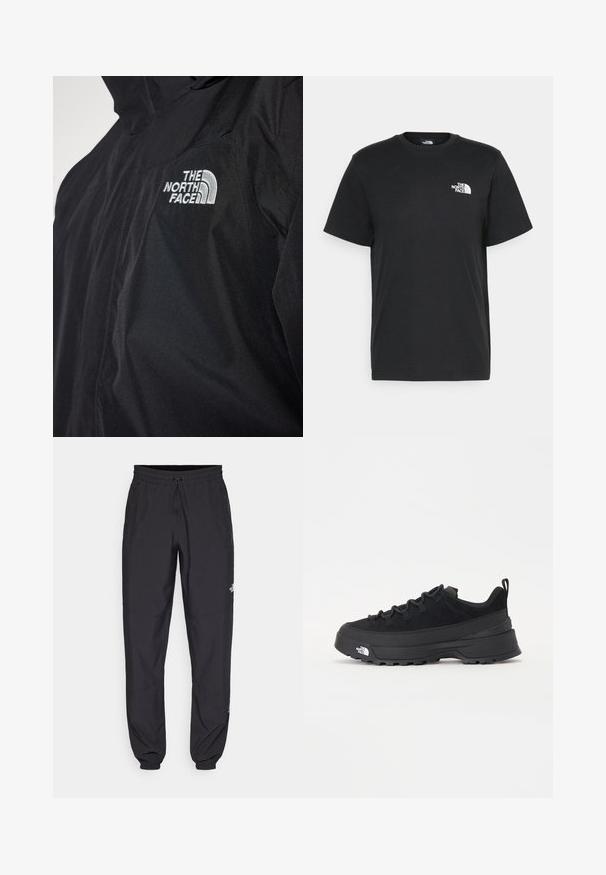 The North Face SANGRO JACKET - Casaco impermeável - tnf black; T-shirt de algodão preto com mangas curtas, decote redondo e um pequeno logótipo branco no lado esquerdo do peito. Design simples, textura suave e corte relaxado.; Calças atléticas pretas feitas de tecido leve, com um cós ajustável por cordão, bolsos laterais e punhos afunilados nos tornozelos.; Sapatilha de exterior preta com parte superior em camurça, sola de borracha texturizada e sistema de atacadores robusto. Apresenta um calcanhar reforçado e o logótipo da marca na lateral.
