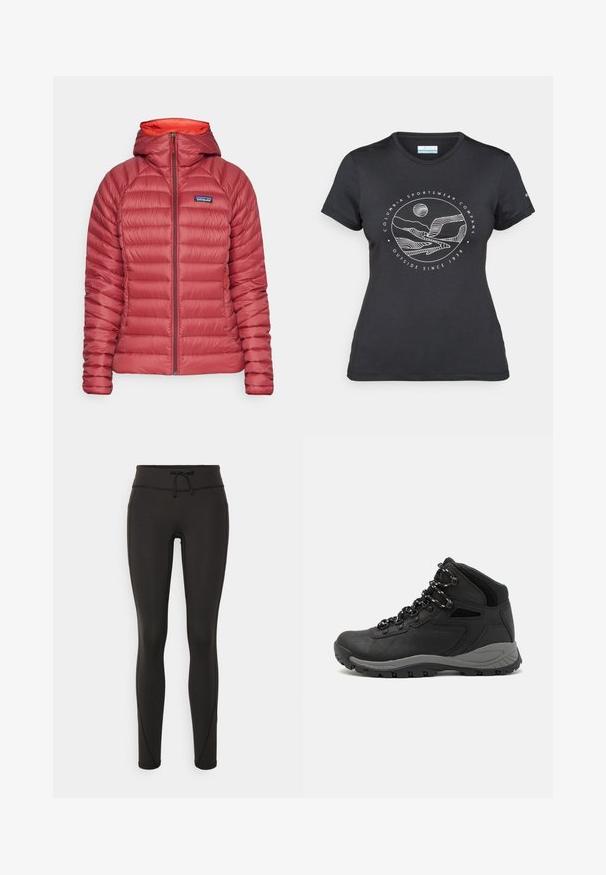 Patagonia SWEATER HOODY - Μπουφάν με πούπουλα - oxide red; Μαύρο μπλουζάκι Columbia με λευκή κυκλική γραφική τέχνη βουνού και ποταμού και κείμενο "Columbia Sportswear Company Έξω από το 1938."; Μαύρα κολάν με ψηλή μέση, κορδόνι, λείες υφές και εφαρμοστό σχέδιο. Περιλαμβάνουν ραφές στα πλάγια.; Μαύρο ορειβατικό μποτάκι με μεσαίο ύψος, διαθέτει υφή στην επάνω επιφάνεια, γκρι λεπτομέρειες και ανθεκτική καουτσούκ σόλα με αυλάκια πρόσφυσης.