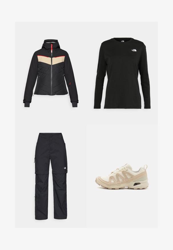 Must värviline isoleeritud jope beeži ja punase zig-zag mustriga. Sisaldab kapuutsi, esi tõmblukku ja küljetaskuid. Pehme kangast tekstuur.; Must mustahiheline T-särk, millel on pikad varrukad, valmistatud puuvillast ja ümarast kaelusest. Vasakul rinnal on väike valge logo. Lihtne disain ja sobivus.; Mustad nailonist valmistatud eemaldatavad cargo-püksid, reguleeritavate pahkluudega, mitmete taskutega ja paremal jalal logoga. Sile, kerge tekstuur.; Beež ja koobalti spordijalats tekstureeritud võrkkattega, toetavad ülemised kihid ja kummist tallaga, millel on mustriga joonistus haardeks.