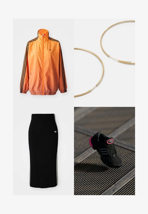 Oranžs gradienta sporta jakas darināta no gludas auduma, ar melniem svītrainiem akcentiem, augstu apkakli un elastīgiem aprocēm, kā arī priekšējo rāvējslēdzēju.; Balts ilgā piedurkne ir īsā krekliņā ar melnu V veida kaklu, kontrastējošiem melniem aproču galiem un trim melnām svītrām uz katras piedurknes. Mazs logo uz krūtīm.; Melna ribota midi svārki ar pieguļošu siluetu, ar baltām sānu svītrām un mazu baltu emblēmu kreisajā pusē.; Melnas sporta kurpes ar acs augšdaļu, rozā akcentiem un melniem svītru elementiem. Izmanto teksturētu zoles materiālu, kā arī uz papēža ir logo etiķete.; Zelta krāsas auskari gredzena formā, plāni un apaļi, ar gludu metāla apdari un bez rotājumiem vai zīmējumiem.